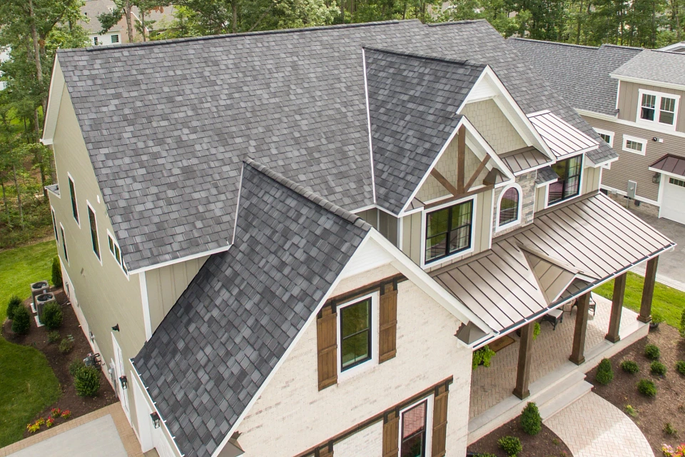 A brand new a-frame roof with asphalt singles
